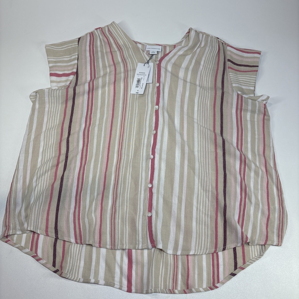 NWT Liz Claiborne Blouse Top Porcelain Sand Stripe Pocket 1X Short Sleeve